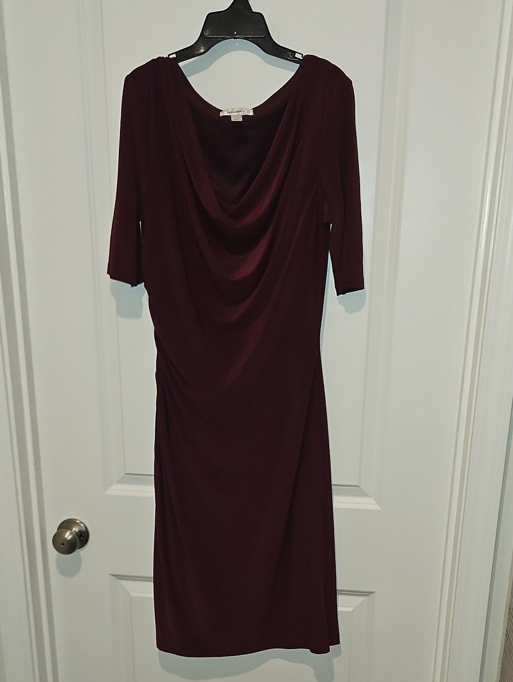 dressbarn Draped Cowl Neck Midi Dress in Burgundy